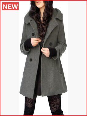 Women's Double Breasted Wool Blend Pea Coat Trench Jacket with Hood